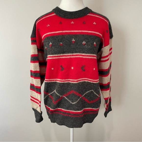 Vintage Sweaters - Vintage 100% Shetland Wool Christmas Sweater Red and Grey Size Medium